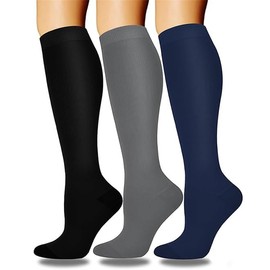 CHENGZI 3 piece Compression Socks For Women and Men Circulation Relief for Calf and Sole Fatigue (BLACK+WHITE+GREY, One size)