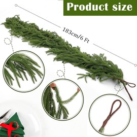 Christmas 6ft Norfolk Pine Garland Artificial Real Touch Garland Faux Greenery Garland for Table Fireplace Mantle Window Stairs Outdoor Indoor Decoration