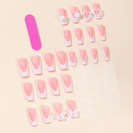 24 Pcs French Tip Press on Nails Long Square Fake Nails with Glue Natural Fit False Nails with 3D Bow Pearl Design Pink Handmade Nails Glossy Full Cover Glue on Nails Reusable Stick on Nails for Women