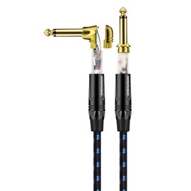 DREMAKE Cable de conexión de 1/4 pulgadas (6,3 mm) de ángulo recto a derecho, negro/azul trenzado Tweed de 1/4 pulgadas a 1/4 pulgadas, cable de guitarra de instrumento de 10 pies para teclados, mandolina eléctrica, audio profesional a amplificador