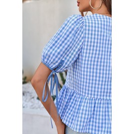 Cicy Bell Womens Puff Sleeve Gingham Blouse Summer Ruffle Peplum Babydoll Tops Cute Plaid Cotton Shirts Sky Blue