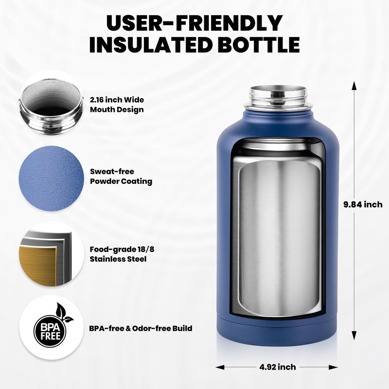 RAYMYLO Insulated Water Bottle 64 oz, Triple Wall Vacuum Stainless