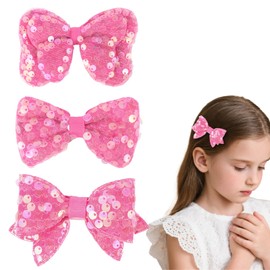 AMCAMI Glitter Hot Pink Hair Bows Clips,3PCS Small Sparkling Bling Bow,Cute Alligator Hair Clip Accessories for Birthday,New Year & Daily Wear