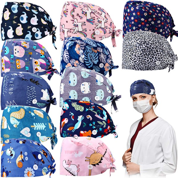 12 Pieces Bouffant Caps with Buttons Adjustable Sweatband Head Hair