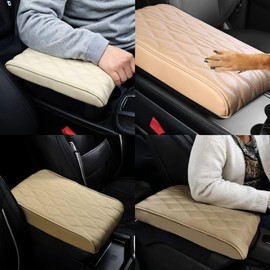 Leather Car Armrest Box Pad, Universal Heighten Waterproof Center Console Cover, Beige Car Arm Rest Cushion for Vehicle, SUV, Truck Interior Protection