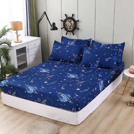 Chickwin Fitted Sheet, 150 x 200 cm, Children's Mattress Protector, Fitted Sheet Made of Polyester Fibres, Cartoon Space Pattern Sheet, Fitted Sheet for Box Spring Beds, Mattresses up to 30 cm in Height, Blue Space
