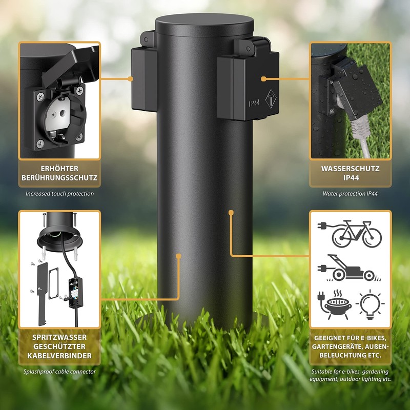ledscom.de PORU Garden Socket Column for Outdoor Use, 2-Way, Stainless