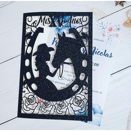 Cylallen 50pc Horse Girl Laser Cut Invitation Card Sweet Sixteen Birthday Party Invitation Glitter Horse Laser Cut Western Wedding Cards With Envelope (Black, Only out Card)