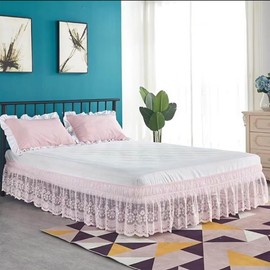 DREFEEL Lace Trimmed Elastic Bed Wrap, Easy Fit Dust Ruffle Bedskirt, White (Pink, Full)