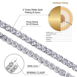 JINAO 18k Gold Plated 1 Row 6MM Lab Simulated Diamond Iced Out CZ Chain Men's Hiphop Tennis Necklace Chain