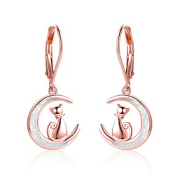 YFN Rose Cat Moon Opal Earrings Sterling Silver Cat Lovers Gift Drop Dangle Earrings for Women