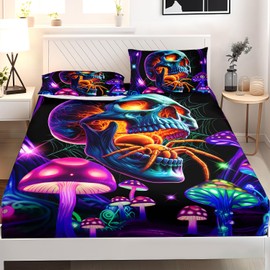 AILONEN 3D Printed Skull Fitted Sheet Set Twin Size, Purple Mushroom Skull Bedding Set,3 Pieces Terror Spider Skull Skeleton Bed Sheet Set,1 Fitted Sheet and 2 Pillowcases