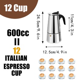 DITOSH 12 Cup Stovetop Espresso Maker Stainless Steel Moka Pot Stove Top Percolator Italian Coffee Makers Capable Mocha Greca Machine Cafe Classic Induction Cookers for Home and Camping 600ml 20oz