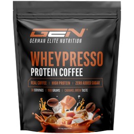 GEN GERMAN ELITE NUTRITION Wheypresso Protein Coffee - Eiwei?-Pulver mit Whey-Konzentrat & Isolat - Mit echtem Kaffee & Koffein ?C Cremiger High Protein Drink - (908 g, Caramel Flavour)