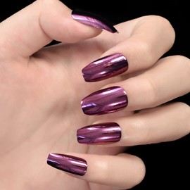 IKISKT Press On Nails - Metallic Purple | Mirror Chrome l UV Medium Coffin False Fake Nails, Reusable Glue | 10 Sizes - 24 Nail Kit
