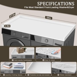 Washer Dryer Countertop 27.5" x 54" - Non-Slip Laundry Topper for Washer and Dryer, Laundry Room Countertop for Washer Dryer Topper, Edge Rails for Laundry Room Organization and Storage, White