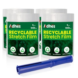 Adhes Recyclable Stretch Wrap Film 5 Inch x 1000 Feet, 4 Rolls with Handle, Heavy Duty Plastic Pallet Wrap for Moving, Packing, Shipping, Eco-Friendly, Tear Resistant, Self Adhering Clear Film