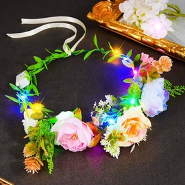 Atigy Leuchtendes Blumenkranz Stirnband LED Girlande Krone Festival Haarschmuck für Frauen (Farbenfroher, Einheitsgröße)