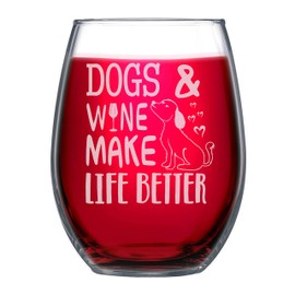 NeeNoNex Funny Gift for Dog Mom Dad Dogs & Wine Make Life Better Stemless Wine Glass - Dog Lover Gift