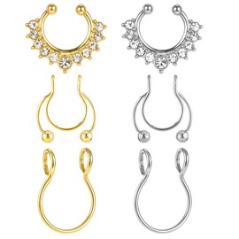 Mabor 6 Pcs Septum Nose Rings For Women Fake Nose Rings Septum Piercings Clip On, Non-Piercing Faux Ring & Hoops for Women & Men