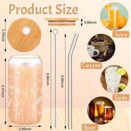 Bokon Floral Iced Coffee Cup 16 oz Iced Coffee Glasses with Bamboo Lids and Straws Wildflower Glass Coffee Tumbler Drinking Jars with 2 Cleaning Brushes, Birthday Gifts for Women(6 Pcs)