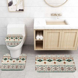 Aztec Southwestern Native Tribal Navajo American Ethnic Bath Rugs for Bathroom, Boho Abstract Triangular Geometric Vintage, Non Slip Flannel Bathroom Rug, Water Absorbent Bath Mats