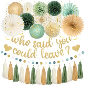 Roetyce Farewell Party Decorations Women Men, Gold Glitter Who Said You Could Leave Banner, Green Going Away Leaving Goodbye Party Supplies for Coworker Friends, Retirement Photo Background Decor