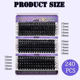 240 Pcs Eyelash Individual DIY Lash Extension kit, Bond and Seal Lash Glue, 60+80+100D Clusters Lashes Kit, D Curl Fluffy Individual Natural Wispy Lashes Reusable Eyelash Extension at Home