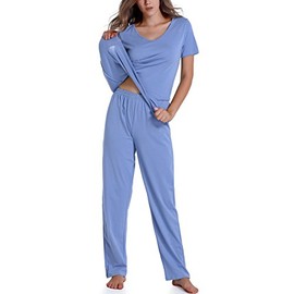 Chamllymers Women's Comfortable V-Neck Sleepwear Soft Cotton Short Sleeve Pajama Set Light Blue M