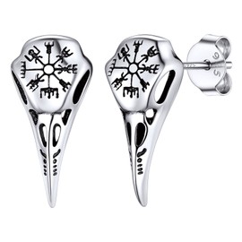 Viking Earring Punk Style Sterling Silver Bird Skull Studs Nordic Compass Amulet Earrings, Raven's Gifts for Couples Partners