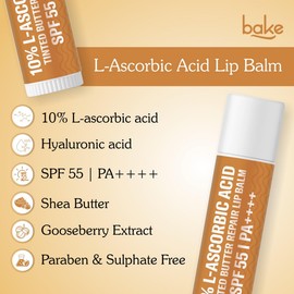 BAKE 10% L-Ascorbic Acid Tinted Butter Brightening Lip Balm Spf 55 Pa++++ With Kojic Acid 24 Hour Moisturization | For Dark, Pigmented, Dry & Chapped Lips | De-Tan Lip Balm | For Men & Women - 5G