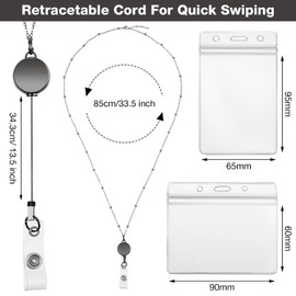 Zonon Retractable Badge Reel Lanyard with ID Holder, 3 Pieces Beaded Badge Lanyard Necklace with 6 Waterproof Name Card Holder Stainless Steel ID Necklace for Women Men(Gray)