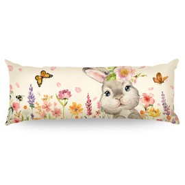 4TH Emotion Easter Bunny Lumbar Throw Pillow Covers 14 x 36 Inch, Pink Flowers Spring Farmhouse Holiday Cushion Case for Home Sofa Couch Decoration TH214