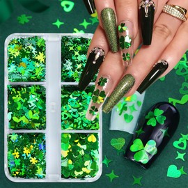 6 Grids St. Patrick's Day Nail Art Glitters 3D Green Shamrock Holographic Green Shamrock Spring Shiny Flakes Stars Leaves Clovers Nail Supplies Green Heart Acrylic Stickers for Women Nail Decor