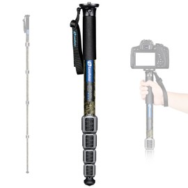 Camera Monopod Carbon Fiber Portable Compact Lightweight Travel Monopod with Wrist Strap, Silicone Handle, Twist Locks, 5-Section up to 165cm, Max Load 15kg，Camo(MPQ-325C)