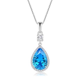 Oskani Teardrop Birthstone Necklace for Women 925 Sterling Silver 5A Cubic Zircon March Birthstone Aquamarine Color Pear Pendant Jewelry Anniversary Birthday Christmas Gifts for Her