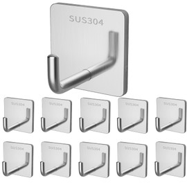 Heavy Duty Adhesive Towel Hooks Stick on Towel Hanger Wall Holder Waterproof Stainless Steel Sticky Hooks for Hanging Bathroom Kitchen Home-10 Packs