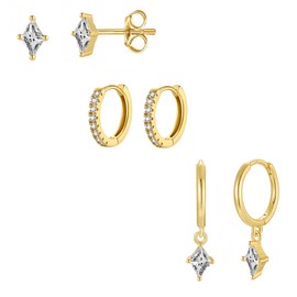 Degolso 3pairs Gold Hoop Earrings Set for Women – 14K Gold Plated Hypoallergenic Earrings Stacks Trendy Small Gold Studs Huggie Hoops Dangle Earrings Set for Sensitive Ears Tarnish Free Gold Jewelry Rhombic