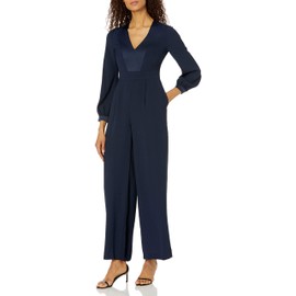 Eliza J Women's Long Sleeved V Neck FIT and Flare Jumpsuit, Navy, 12