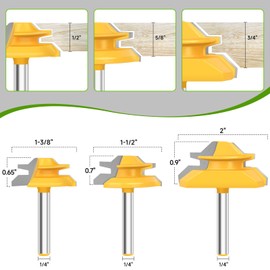 Pynsseu 45 Degree Lock Miter Router Bit 1/4 Inch Shank 3 Pcs Joint Router Bit Set, Carbide Steel Router Bits for Woodworking, Wood Milling Cutter for Making Miter Joint 1/2", 5/8", 3/4" Cutting Height