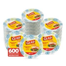 Glad Round Disposable Paper Plates, Blue Hydrangea Pattern - Strong, Sturdy, Soak Proof, and Microwavable Decorative Plates for Dinner and Everyday Use, 10 Inch, 50 Count - 12 Pack