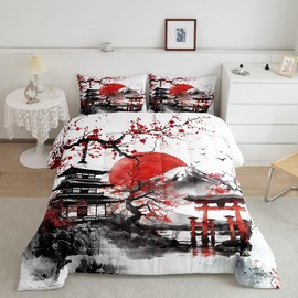 jejeloiu Japanese-Style Comforter Set Queen Size Kids Cherry Blossoms Building Bedding Set for Boys Girls Sunset Fuji Mountain Decor Spring Sakura Flower Duvet Quilt Room Decor