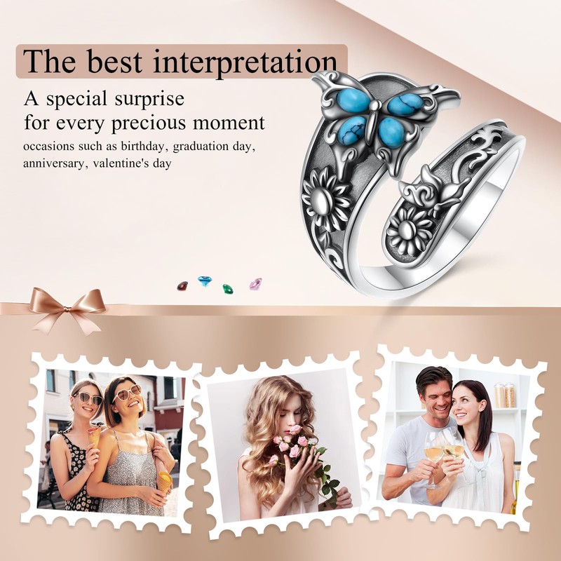 Alphm Butterfly Spoon Turquoise Ring for Women S925 Sterling Silver
