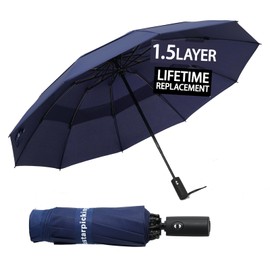 Mustarpicking Reverse Windproof Travel Umbrella - Compact Strongest Premium Auto Folding Umbrella for Rain and Sun - Durable, Light & Portable for Women & Men, Fits Backpack & Cars (Navy Blue)