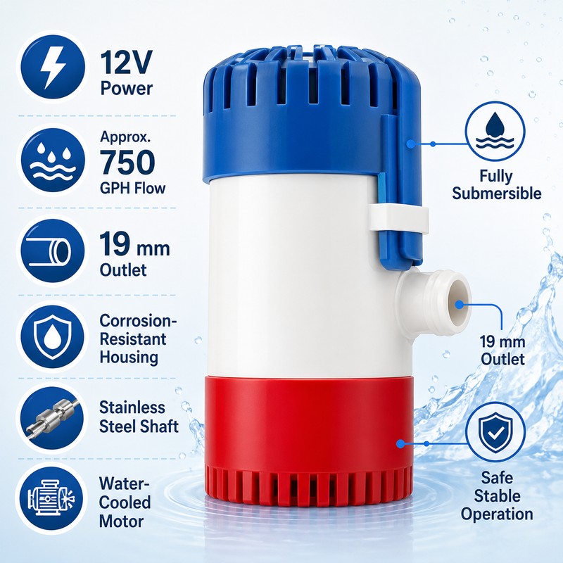 12V Submersible Bilge Pump for Boats – Compact Marine Water