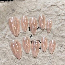 Almond False Nails - French Tip Natural Nude Style - Medium Length Glossy Full Cover Press On Nails - Removable DIY Nail Art (French Tip Natural Nude)