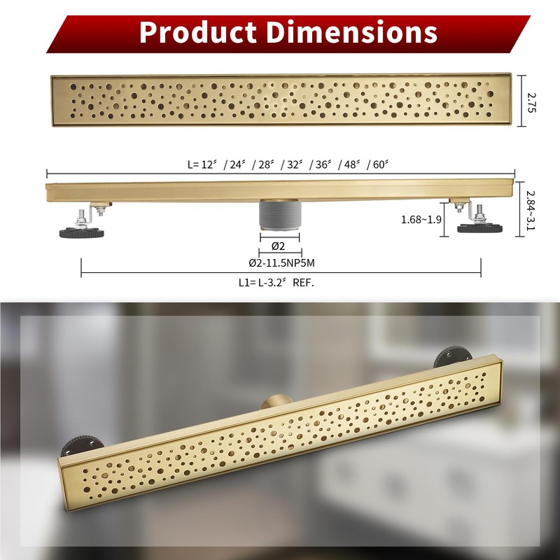 Sharp-tec 28 inch Linear Shower Drain, Gold Rectangular Floor Drain,