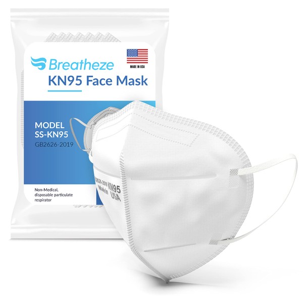 Breatheze KN95 Face Mask Made in USA Disposable Masks Breathable Face Mask Kn95 Mask White Facemask High-Filtration Protective Barrier Face Covering Elastic Ear Loops Adjustable Nose Clip 10 pack