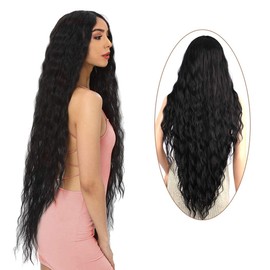 Atohallan Long Black Wig for Women 36 inch Super Long Water Wavy Wigs Heat Resistant Synthetic Soft Wavy Fluffy Curly Wig for Daily Party Use