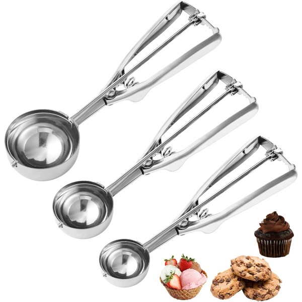 Set of 3 Stainless Steel Cookie Scoops - 1, 2,